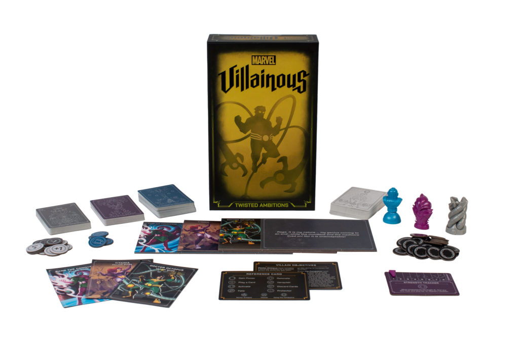The entire Marvel Villainous: Twisted Ambitions tabletop game set including cards and player tokens. 
