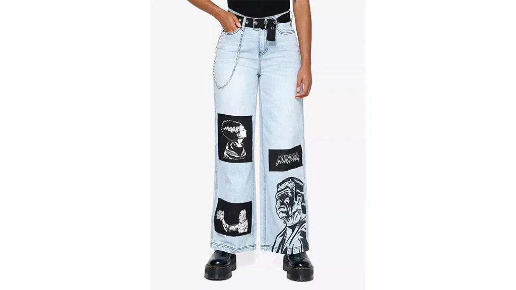 UNIVERSAL MONSTERS PATCH CHAIN WIDE-LEG DENIM PANTS WITH BELT
