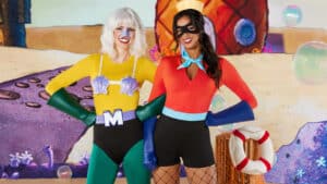 Spirit Halloween costumes for women featuring Mermaid Man and Barnacle Boy from SpongeBob SquarePants