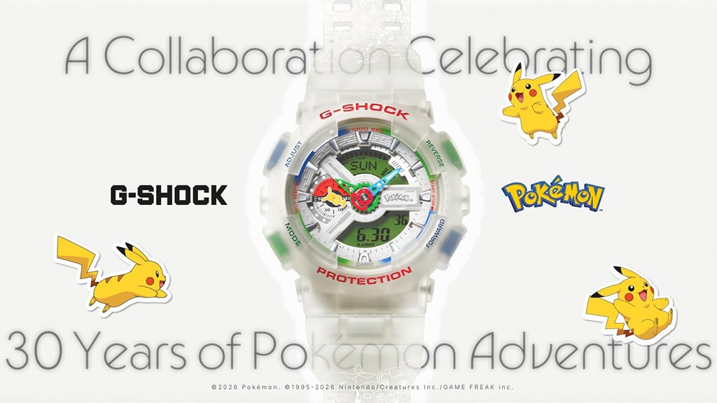 Pokémon G-SHOCK watch with Poké Ball packaging and 30 Pokémon designs