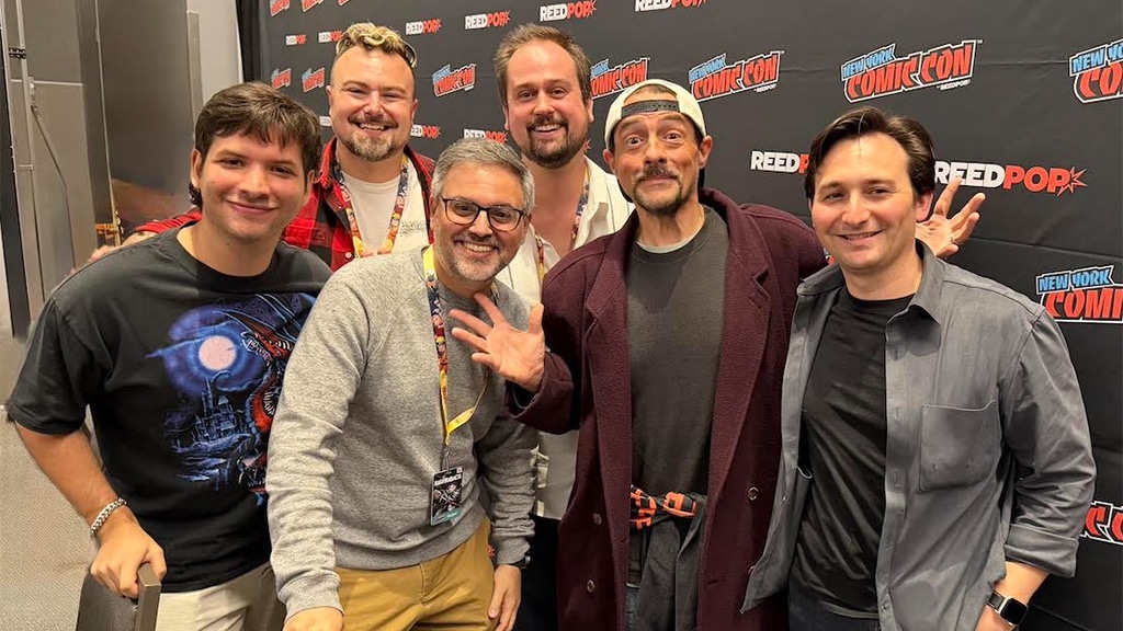 Pictured (front row, from left) game designer Idan Saban, Nitrate Games co-founder Nick Madonna, filmmaker Kevin Smith & Nitrate Games co-founder Montana Sommese; (back row, from left): creative director Chase Marotz & Nitrate Games co-founder Daniel Kendrick. | Source: Nitrate Games